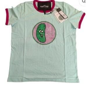 Marc Jacobs Ringer T Shirt Pickle "Dill With It" Graphic Aqua Pink Size S NEW